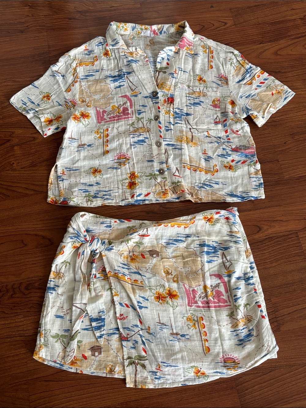 Cotton On Cotton-Blend Beach Print Top and Wrap Skirt | Size 4 Both